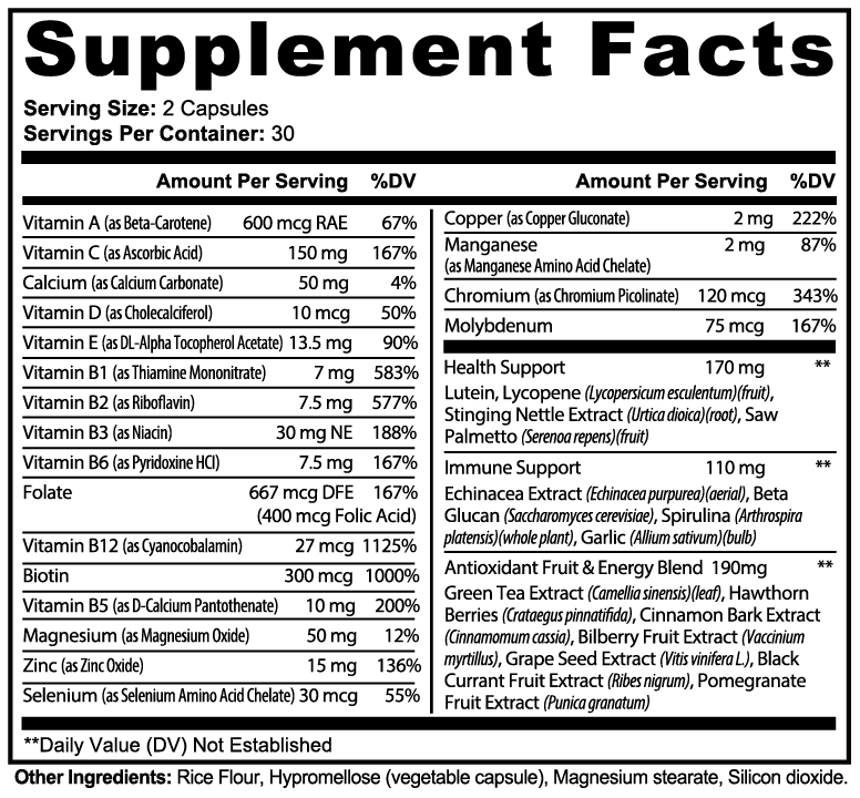 Multivitamin supplement promoting sustained energy levels and overall health support