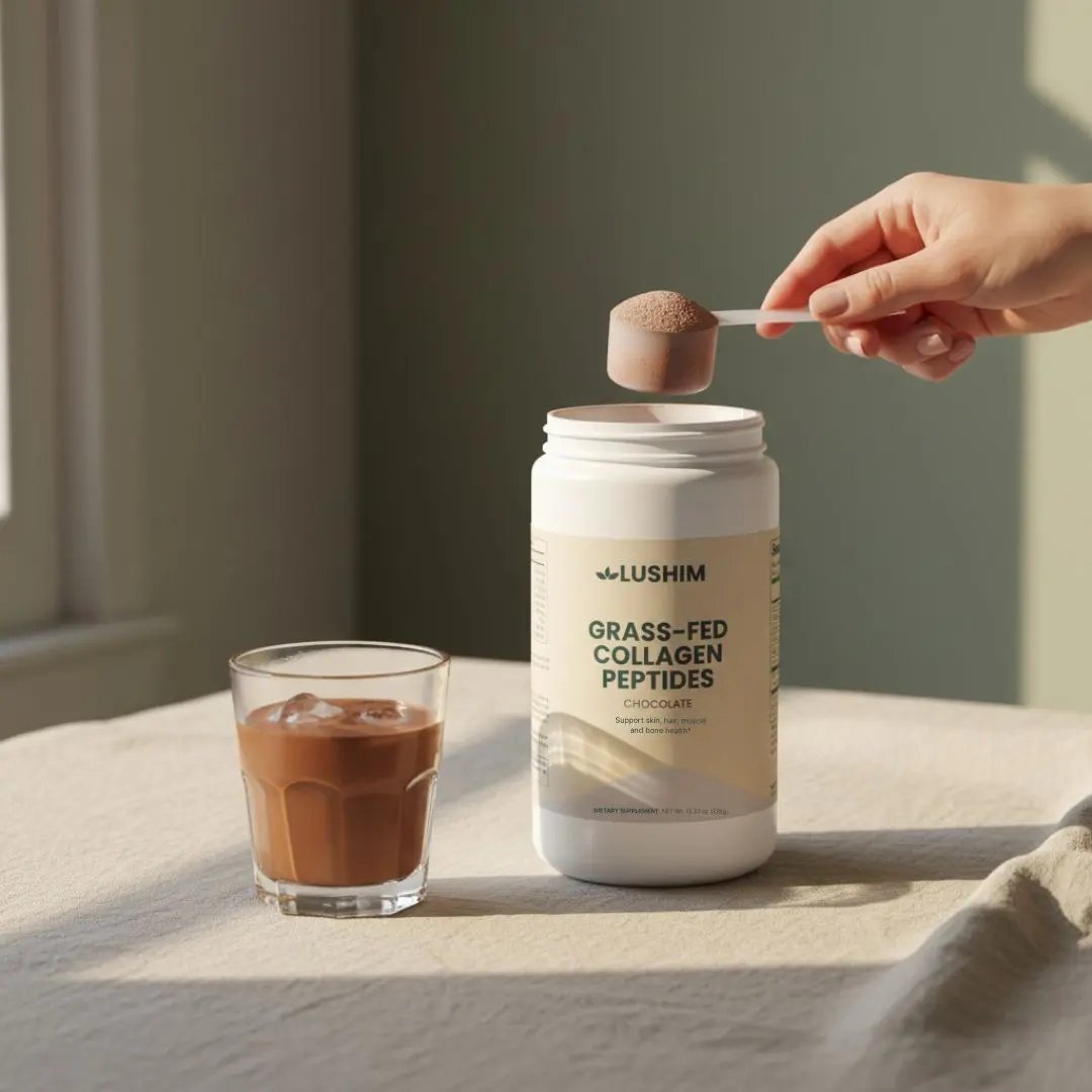 Chocolate collagen supplement promoting skin health for a youthful and radiant complexion.